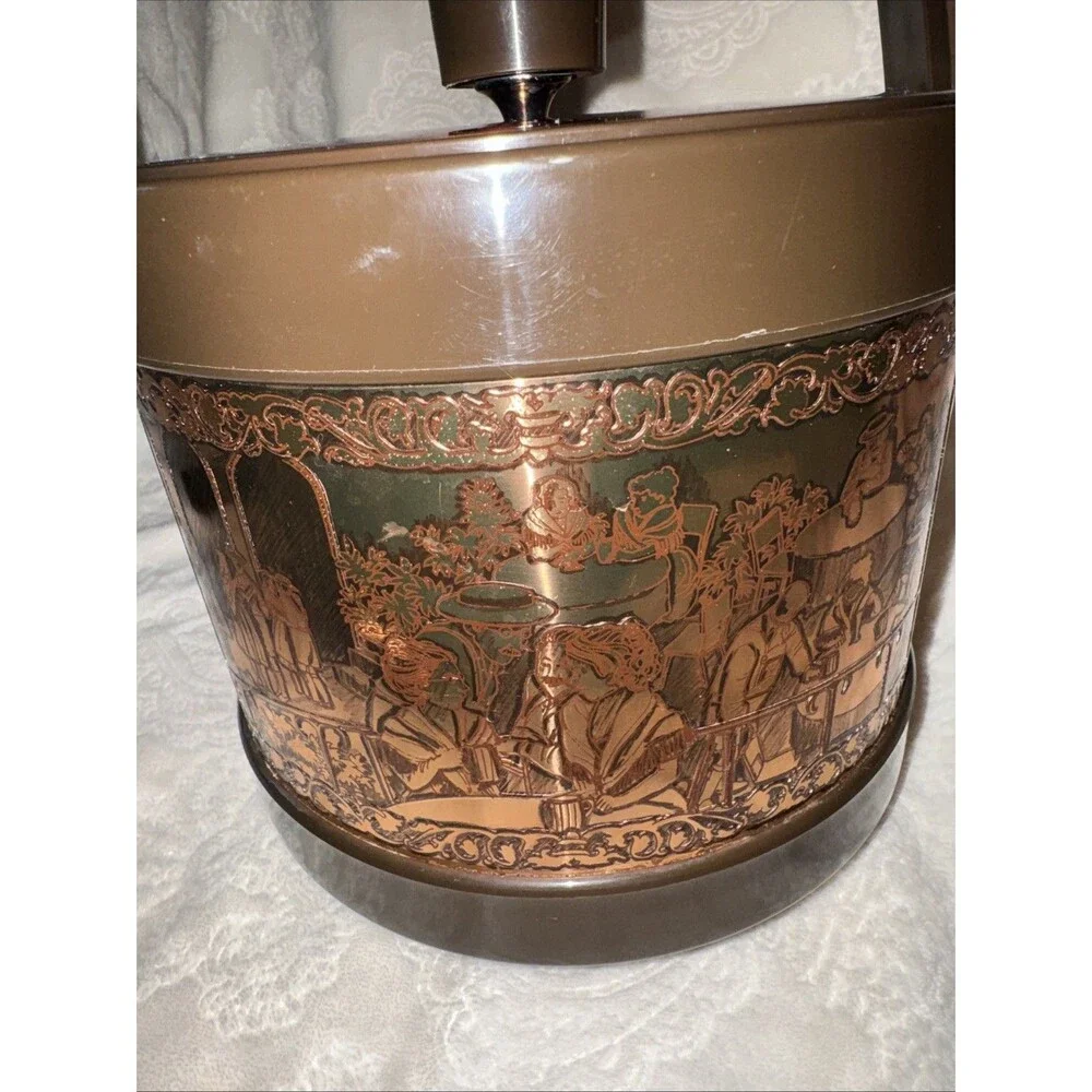Vtg ATAPCO COPPER Brown ICE BUCKET With Lid German Scene 8” *flaw On Lid
